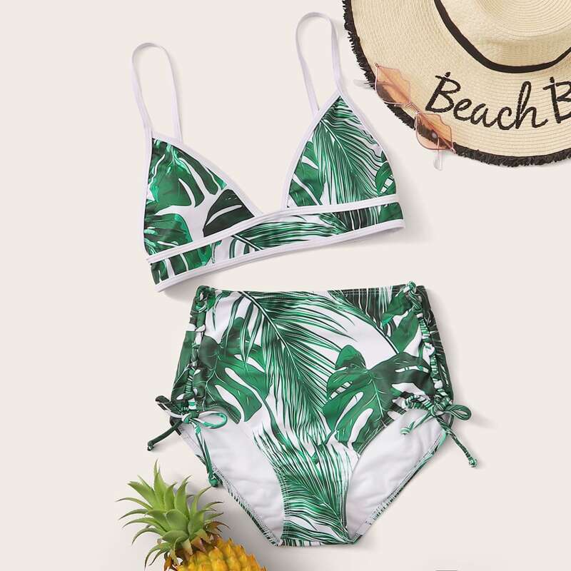 

Tropical Print Lace Up High Waist Bikini Swimsuit, Green