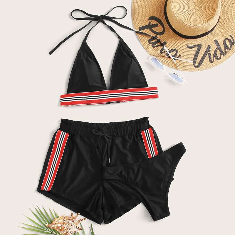 

3pack Striped Tape Triangle Co-ord Bikini Swimsuit, Black