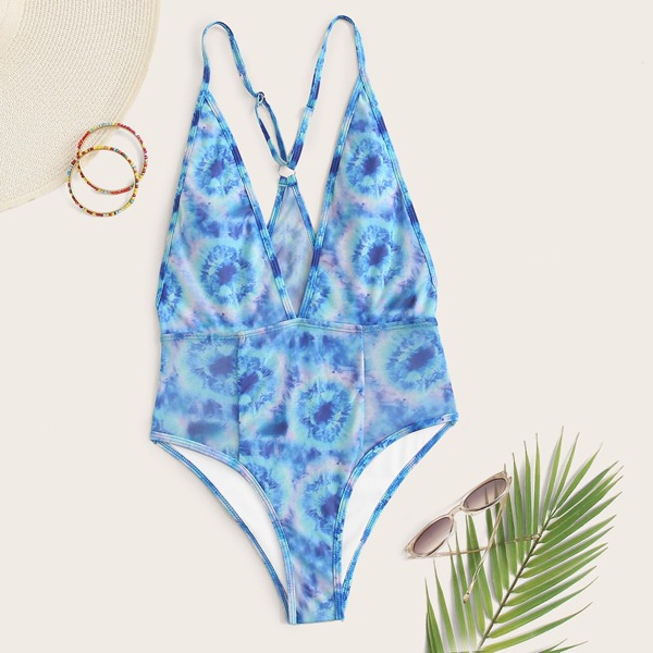 

Tie Dye Plunging One Piece Swimsuit, Blue