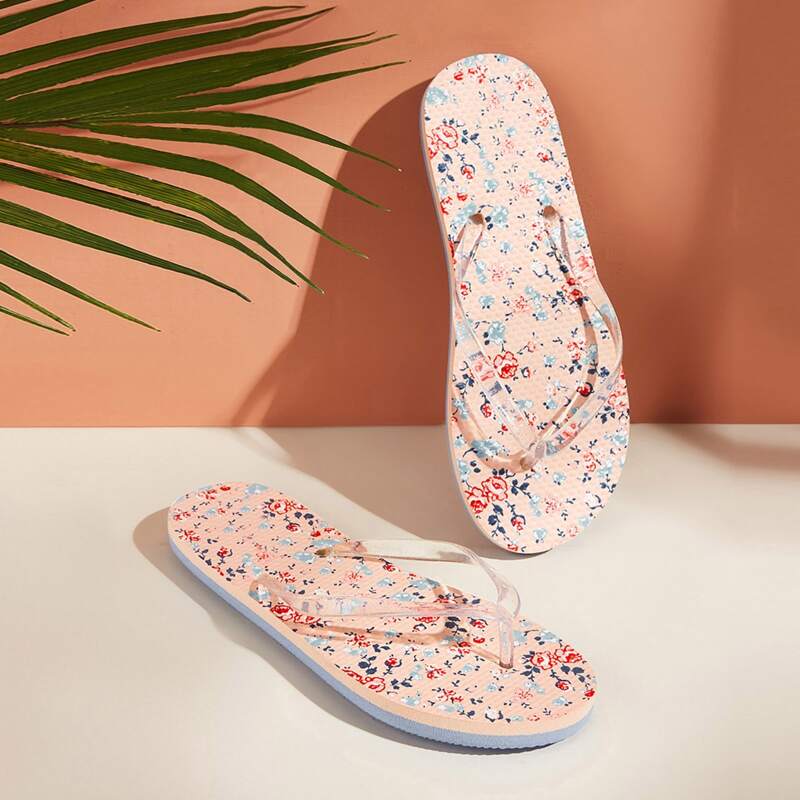 

Clear Strap Calico Print Flip Flops, Multicolor
