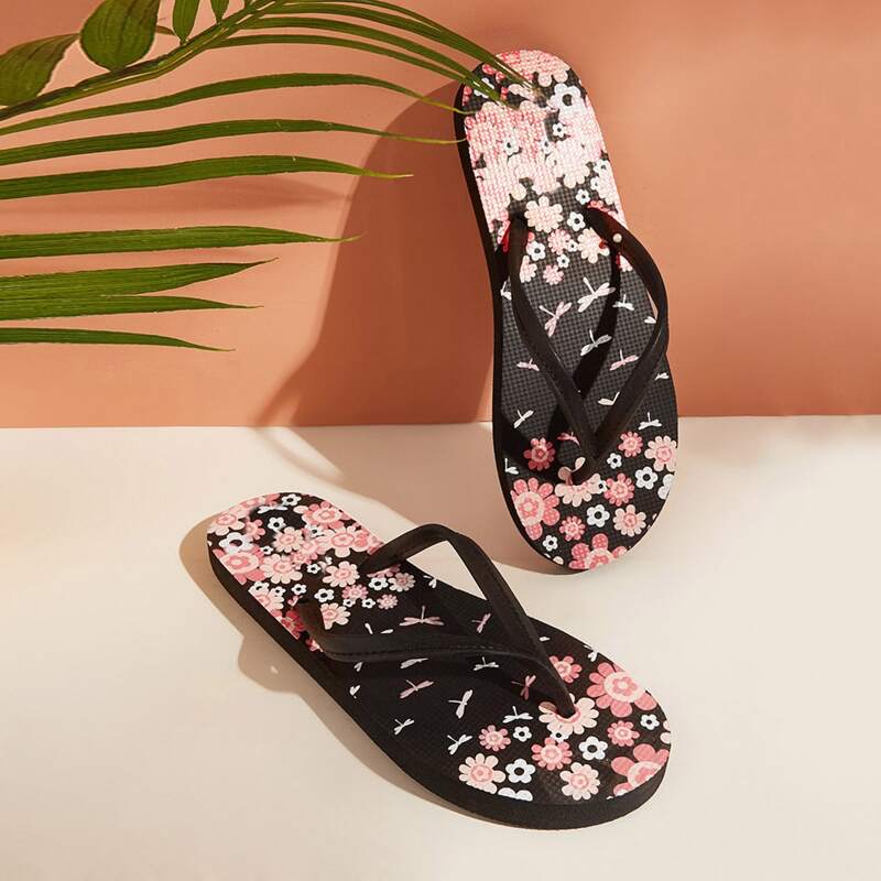 

Daisy Print Flip Flops, Black
