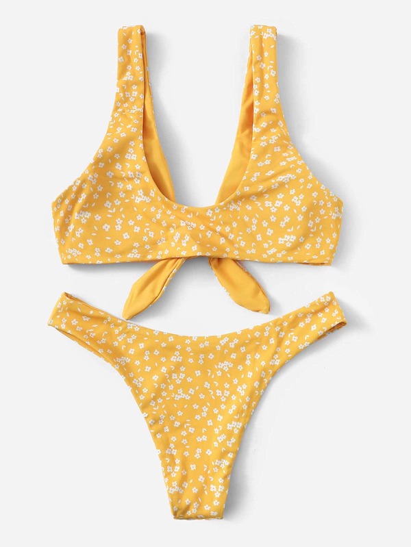 Ditsy Floral Knot Front Top With Cheeky Bikini SHEIN USA