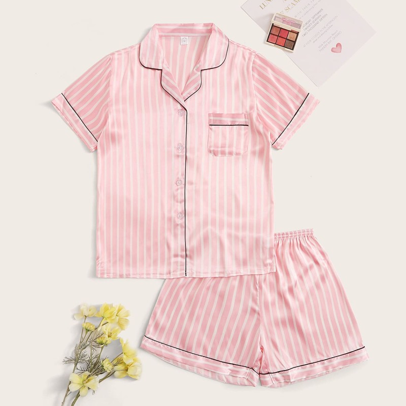 

Vertical Stripe Pocket Front Satin PJ Set, Pink