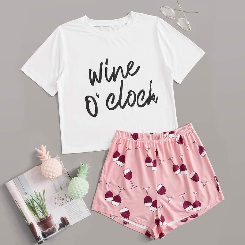 

Wine & Letter Graphic PJ Set, Multicolor