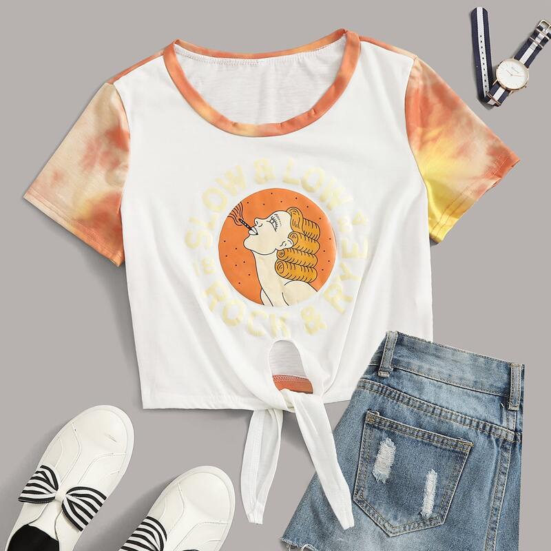 

Tie Dye Figure Graphic Knot Hem Tee, Multicolor