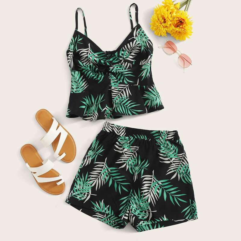 

Shirred Back Peplum Leaf Print Cami Top With Shorts, Black