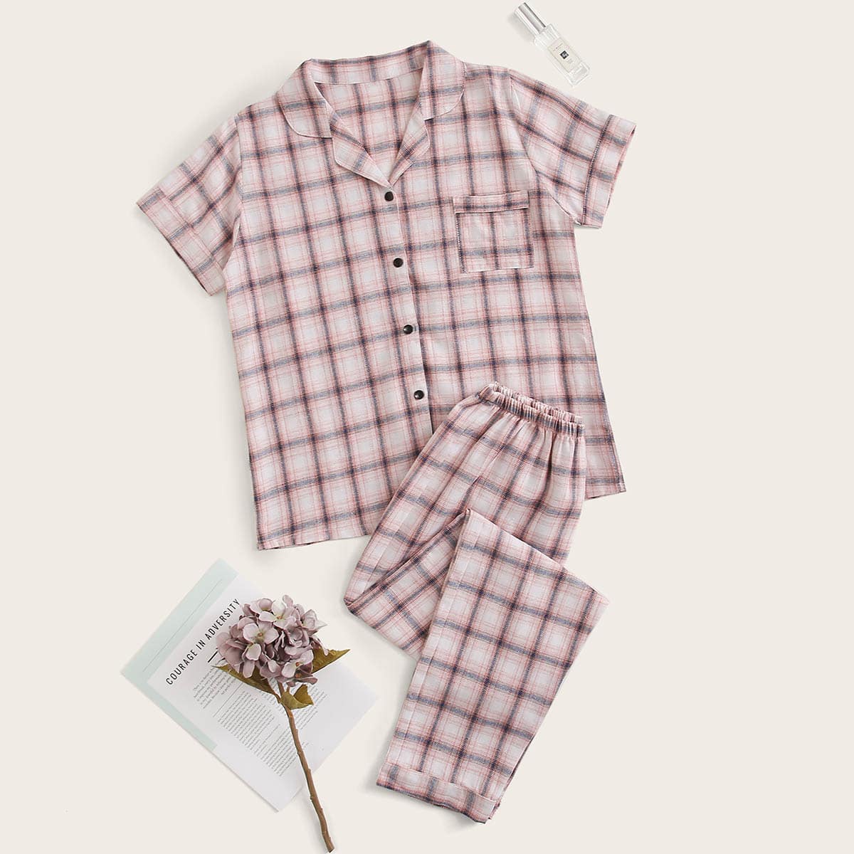 

Plaid Lapel Neck PJ Set, Multicolor
