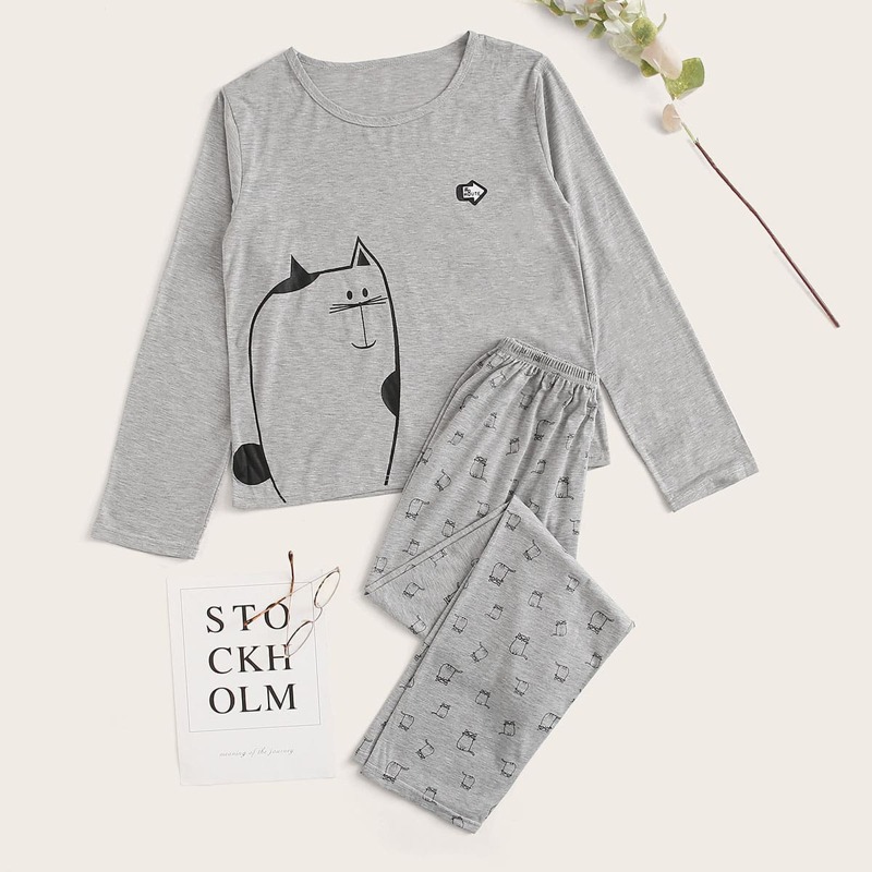 

Cartoon Cat Graphic PJ Set, Grey