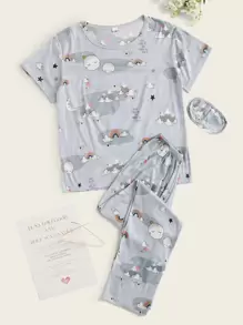Conjunto de pijama con estampado de dibujos animados con máscara de ojo 3 piezas - Gris - Ver 1