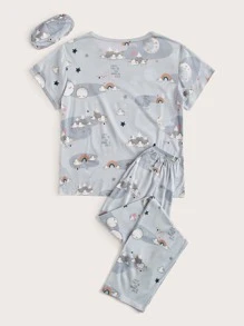 Conjunto de pijama con estampado de dibujos animados con máscara de ojo 3 piezas - Gris - Ver 2