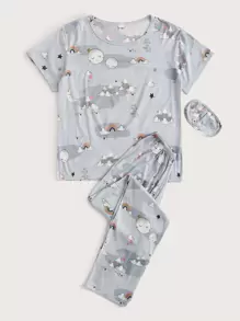 Conjunto de pijama con estampado de dibujos animados con máscara de ojo 3 piezas - Gris - Ver 3