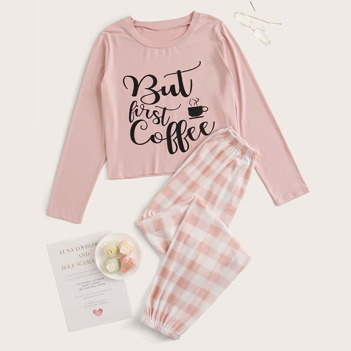 

Buffalo Plaid & Slogan Graphic PJ Set, Pink