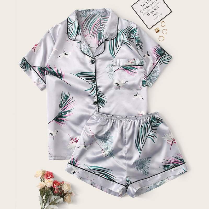 

Tropical & Crane Print Satin PJ Set, Grey