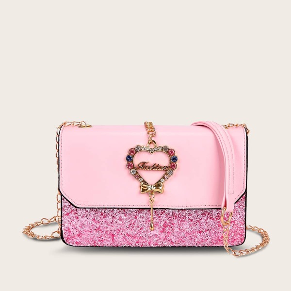 

Rhinestone Heart Decor Glitter Crossbody Bag, Pink