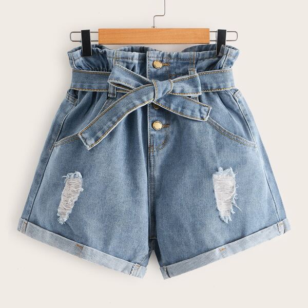 

Belted Distressed Paperbag Denim Shorts, Blue pastel