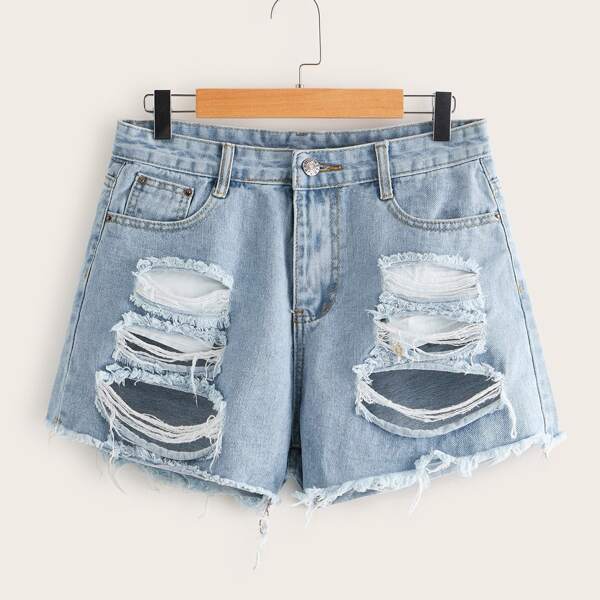 

Ladder Distressed Raw Hem Denim Shorts, Blue pastel