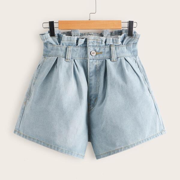 

Paperbag Waist Denim Shorts Without Belt, Blue