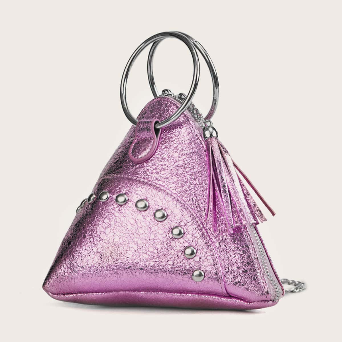 

Ring Handle Tassel Charm Triangle Satchel Bag, Pink