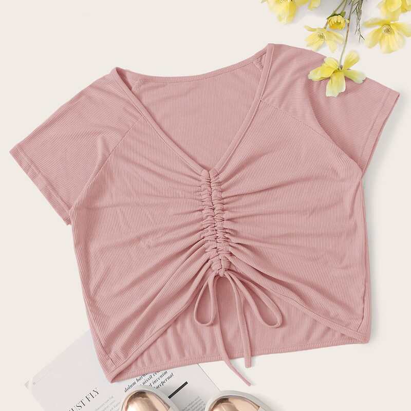 

Ribbed Drawstring Pink Crop Top