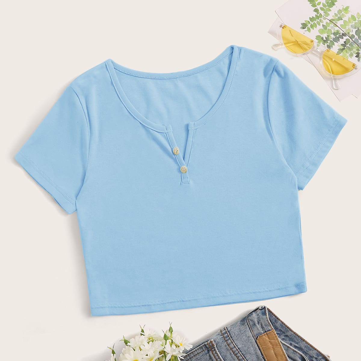 

Notch Neck Blue Crop Top