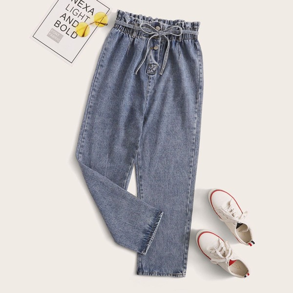 

Paper Bag Waist Belted Cropped Jeans, Navy blue