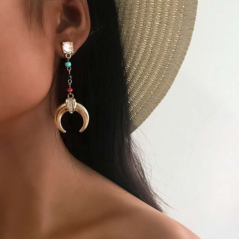 

1pair Moon & Beaded Drop Earrings, Gold