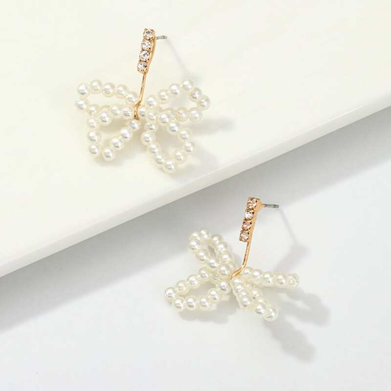 

1pair Faux Pearl Bow Drop Earrings, White