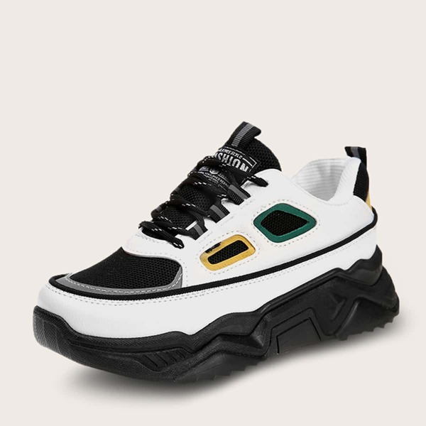 

Mesh Panel Lace-up Chunky Sneakers, Black and white