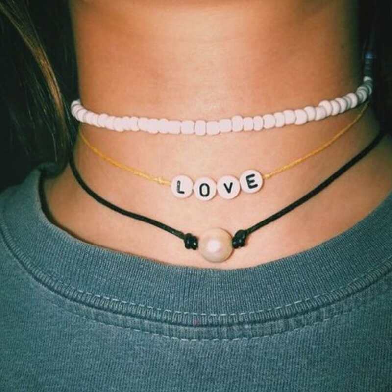 

1pc Letter & Beaded Layered Choker, Multicolor