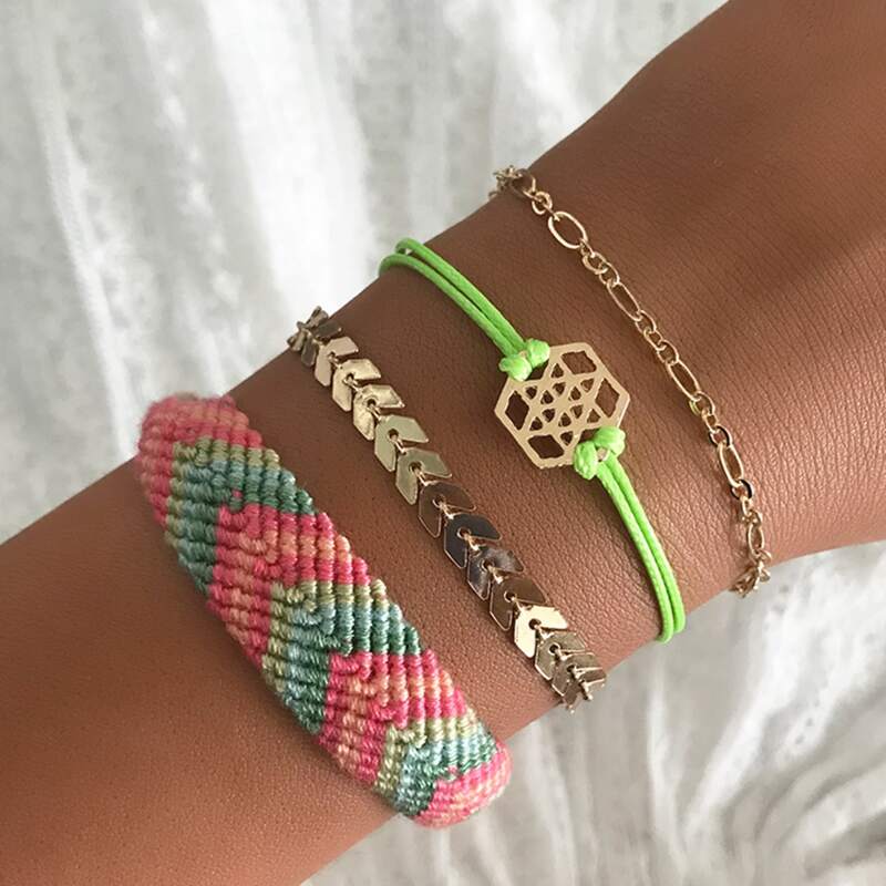 

4pcs Metal Decor Braided Bracelet, Multicolor