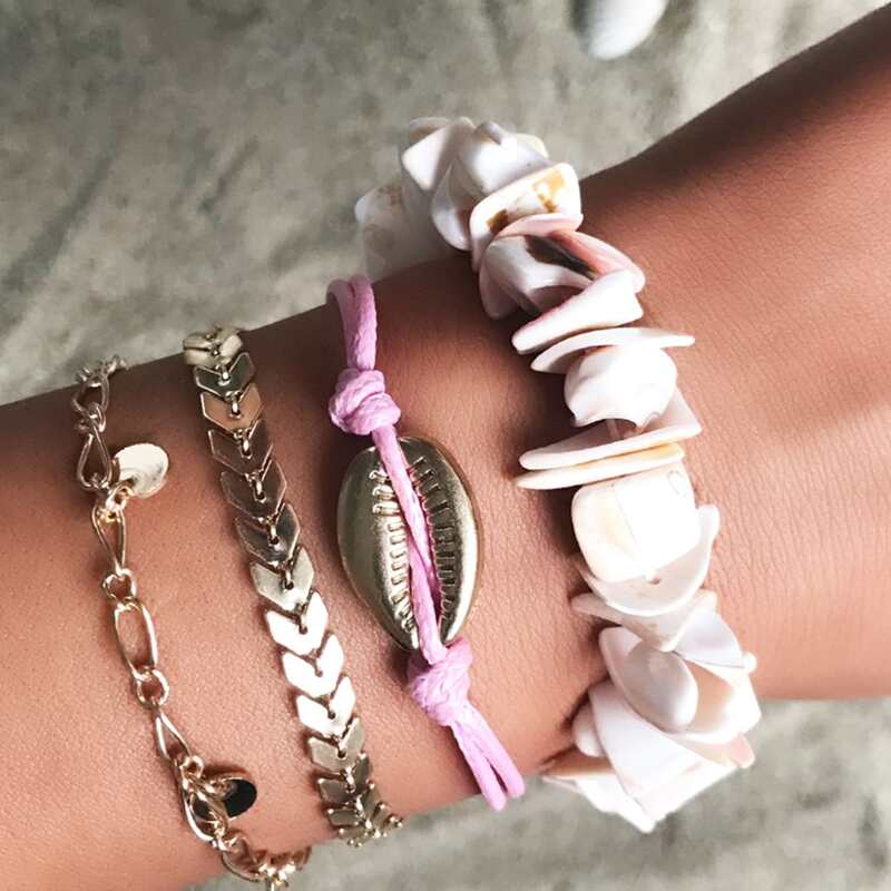 

4pcs Metal & Shell Decor Bracelet, Multicolor
