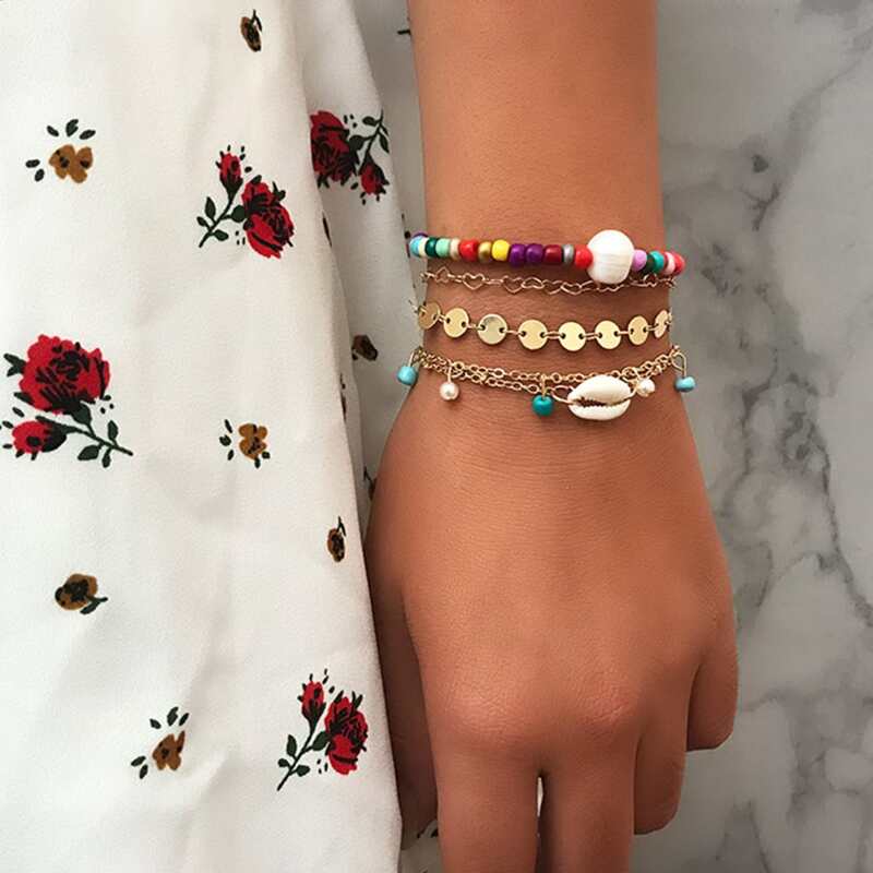

5pcs Disc & Beaded Charm Bracelet, Multicolor