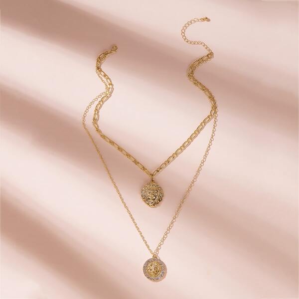 

1pc Rhinestone Decor Animal Head Charm Layered Necklace, Gold
