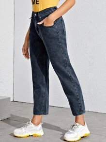 Tapered Cropped Mom Jeans - Black - View 4