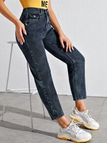 Tapered Cropped Mom Jeans - Black - View 5