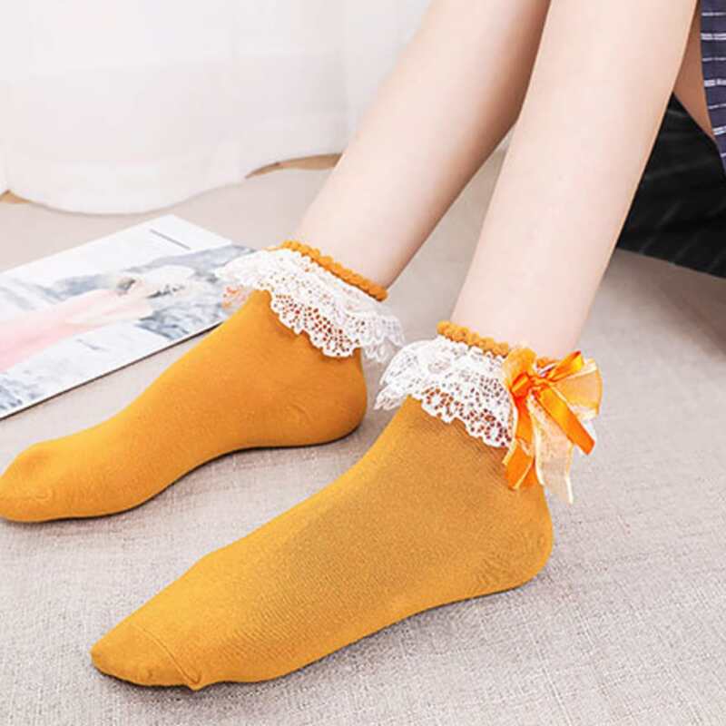 

1pair Bow Tie Ruffle Ankle Socks, Yellow