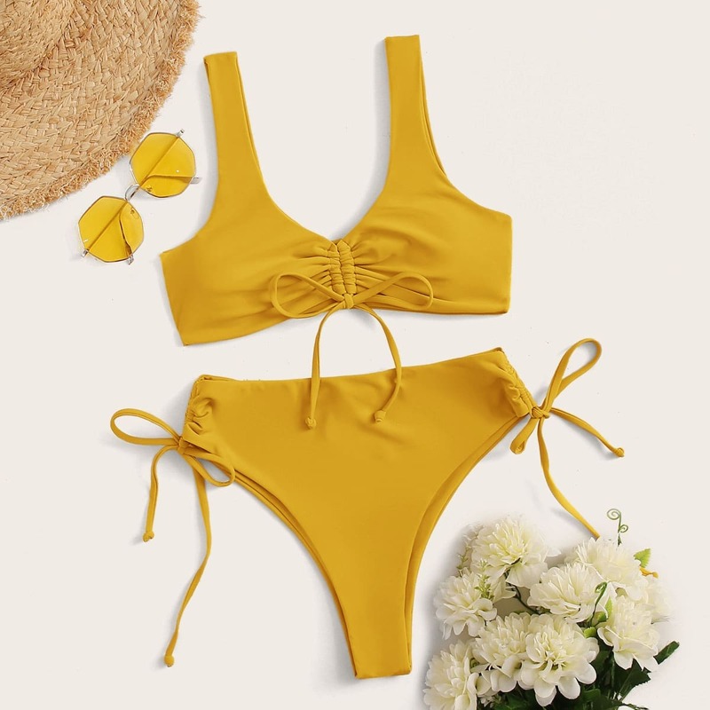 

Drawstring Front Tie Side Bikini Swimsuit, Yellow