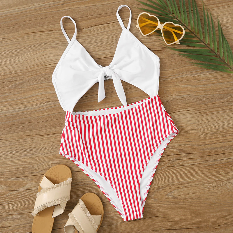 

Contrast Striped Tie Front One Piece Swimsuit, Multicolor