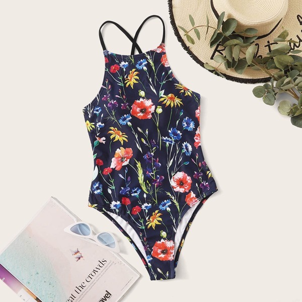 

Floral Random Print Tie Back One Piece Swimsuit, Multicolor
