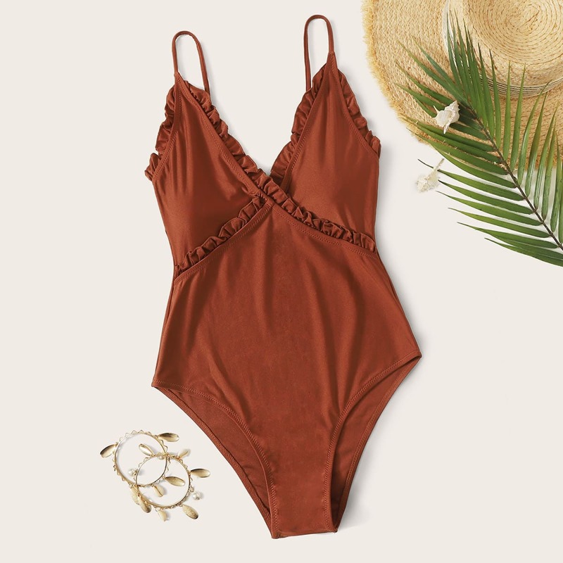 

Frill Trim One Piece Swimsuit, Brown