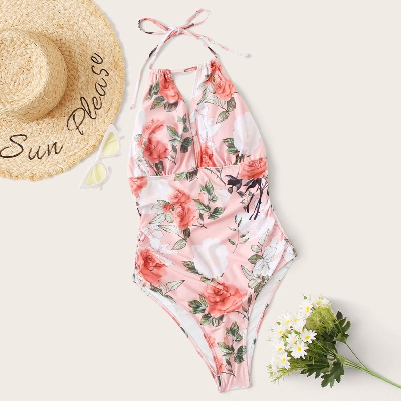 

Floral Random Print Backless One Piece Swimsuit, Multicolor