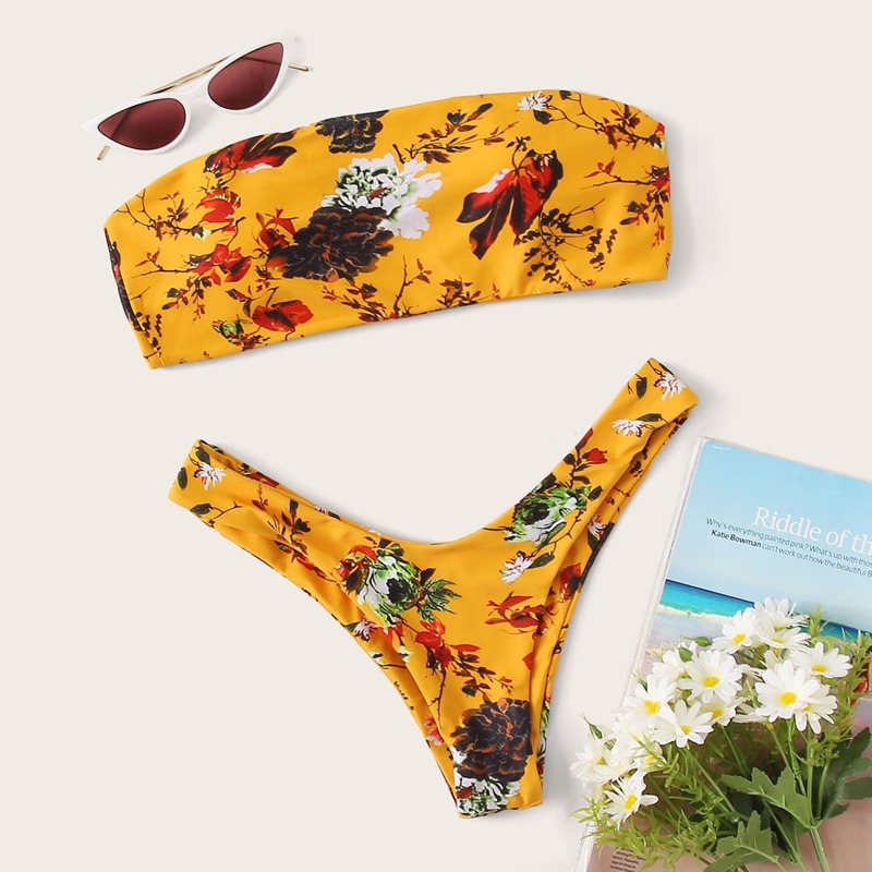 

Floral Bandeau High Cut Bikini Swimsuit, Multicolor