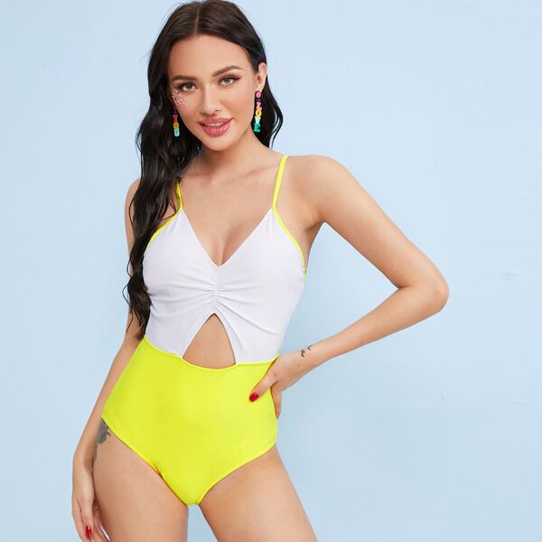 

Two Tone Cut-out Front One Piece Swimsuit, Multicolor