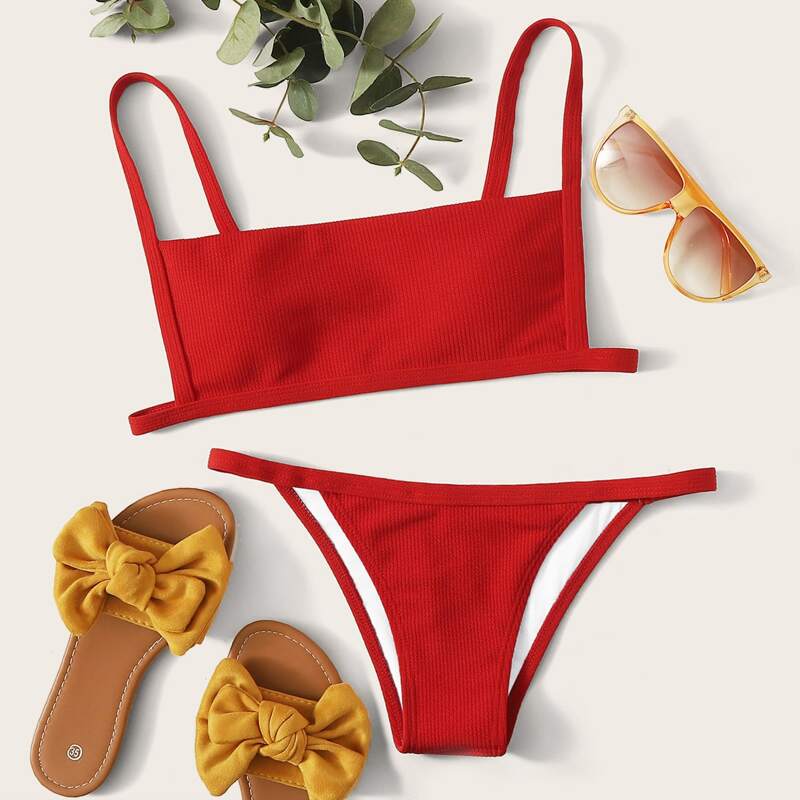 

Rib Knit Tanga Bikini Swimsuit, Red