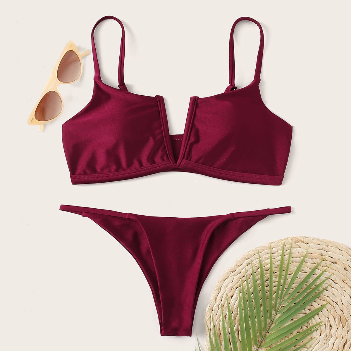 

V Wired Tanga Bikini Swimsuit, Burgundy