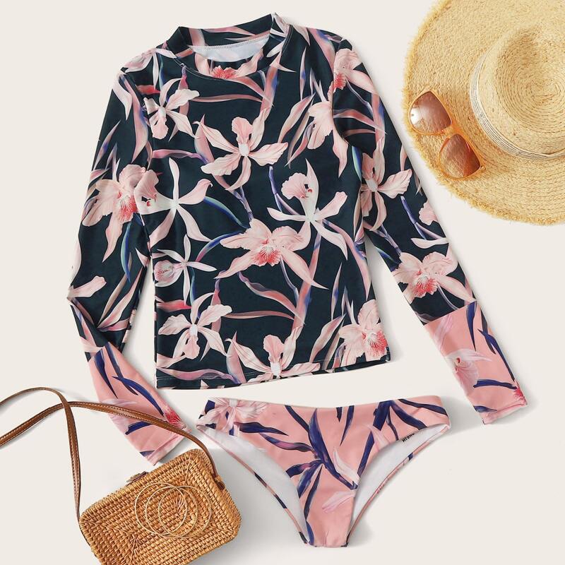 

Long Sleeve Random Floral Bikini Swimsuit, Multicolor