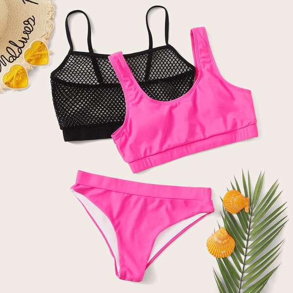 

3pack Fishnet Overlay Bikini Swimsuit, Multicolor