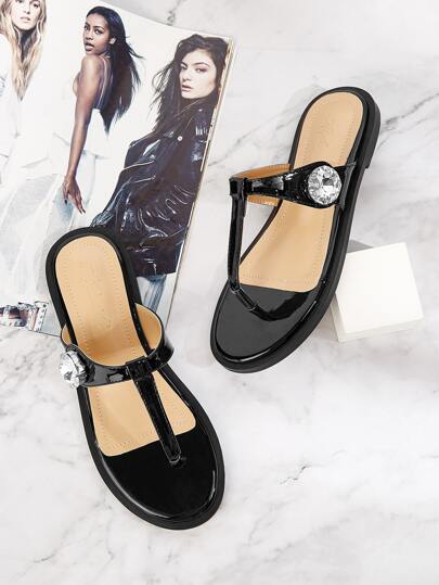 Toe Post Rhinestone Decor Patent Sliders