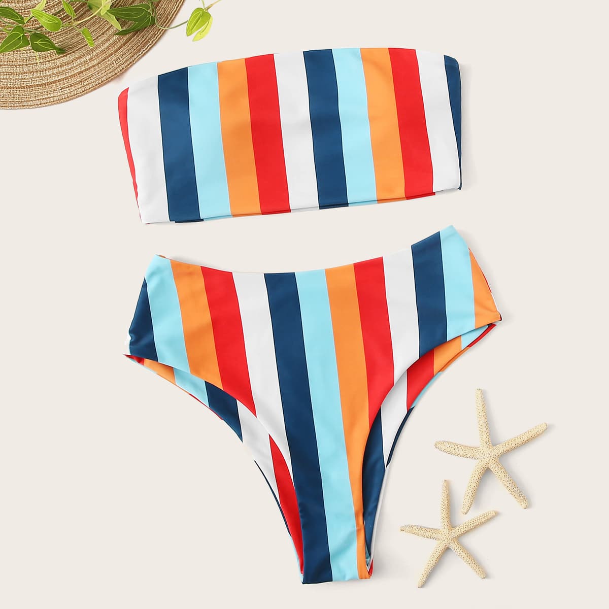 

Striped Bandeau High Waisted Bikini Swimsuit, Multicolor