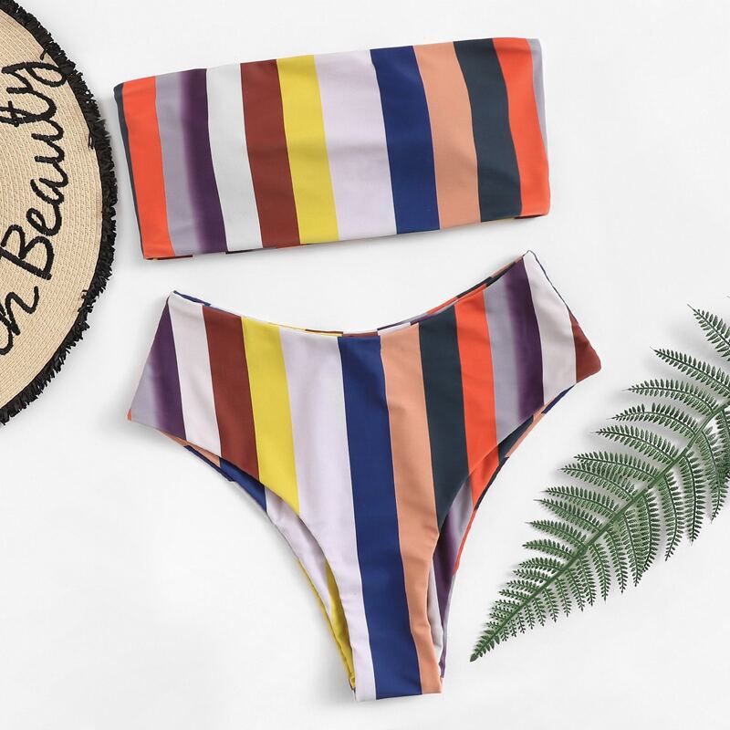 

Striped Bandeau High Waisted Bikini Swimsuit, Multicolor